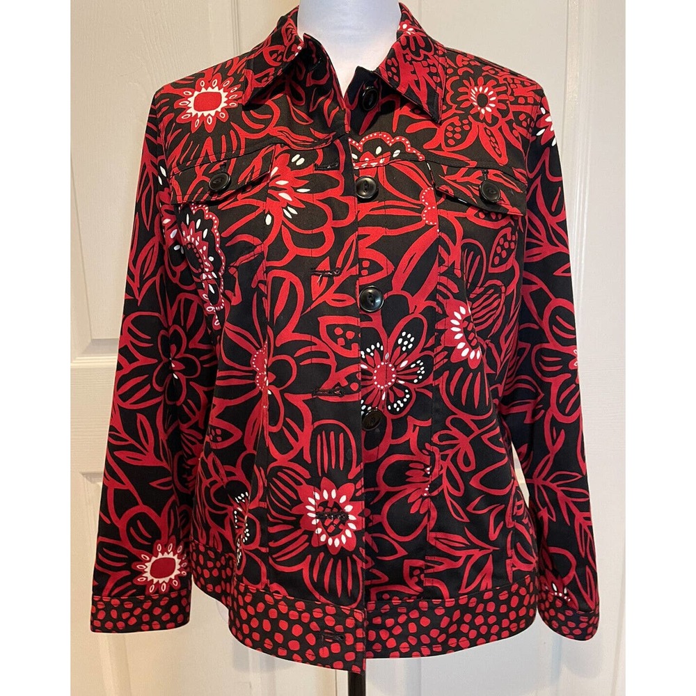 Laura Ashley Womens Jacket Petite Large Festive Red Black Floral Classic Light